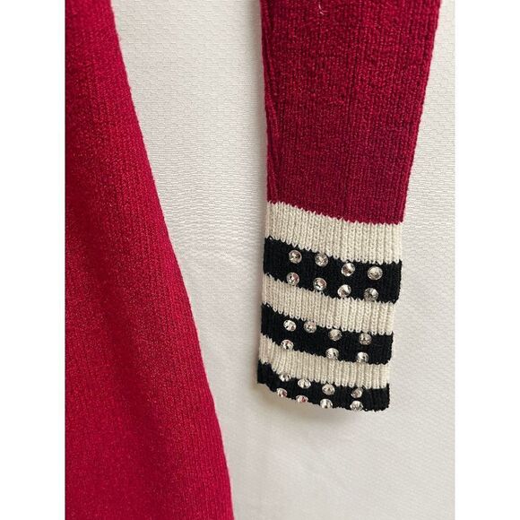 Vintage Womens Long Sleeve Embellished Stones Ribbed Stretch Skater Dress Red - Picture 6 of 10